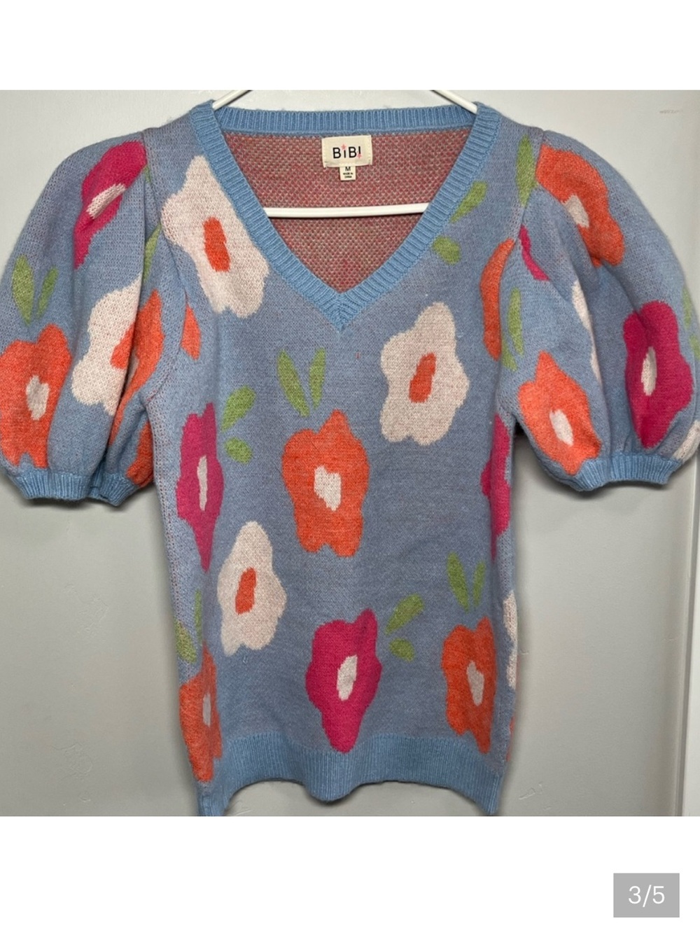 BiBi Floral Puff Short Sleeve V Neck Sweater Medium Blue Pink Orange - Picture 3 of 5